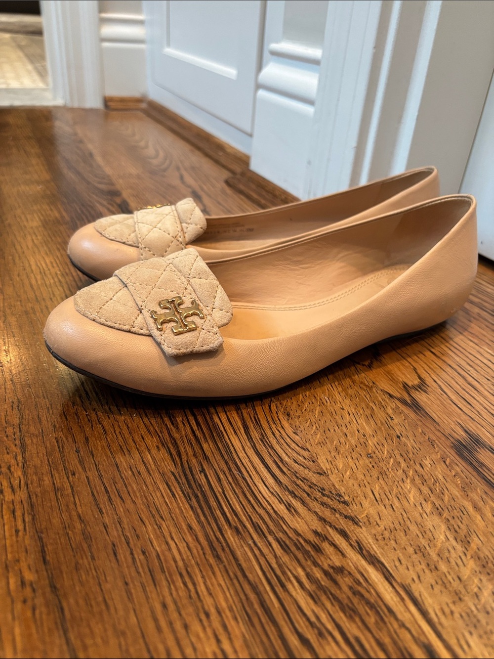 Tory Burch Nude Quilted Cap-Toe Leather Ballet Flats